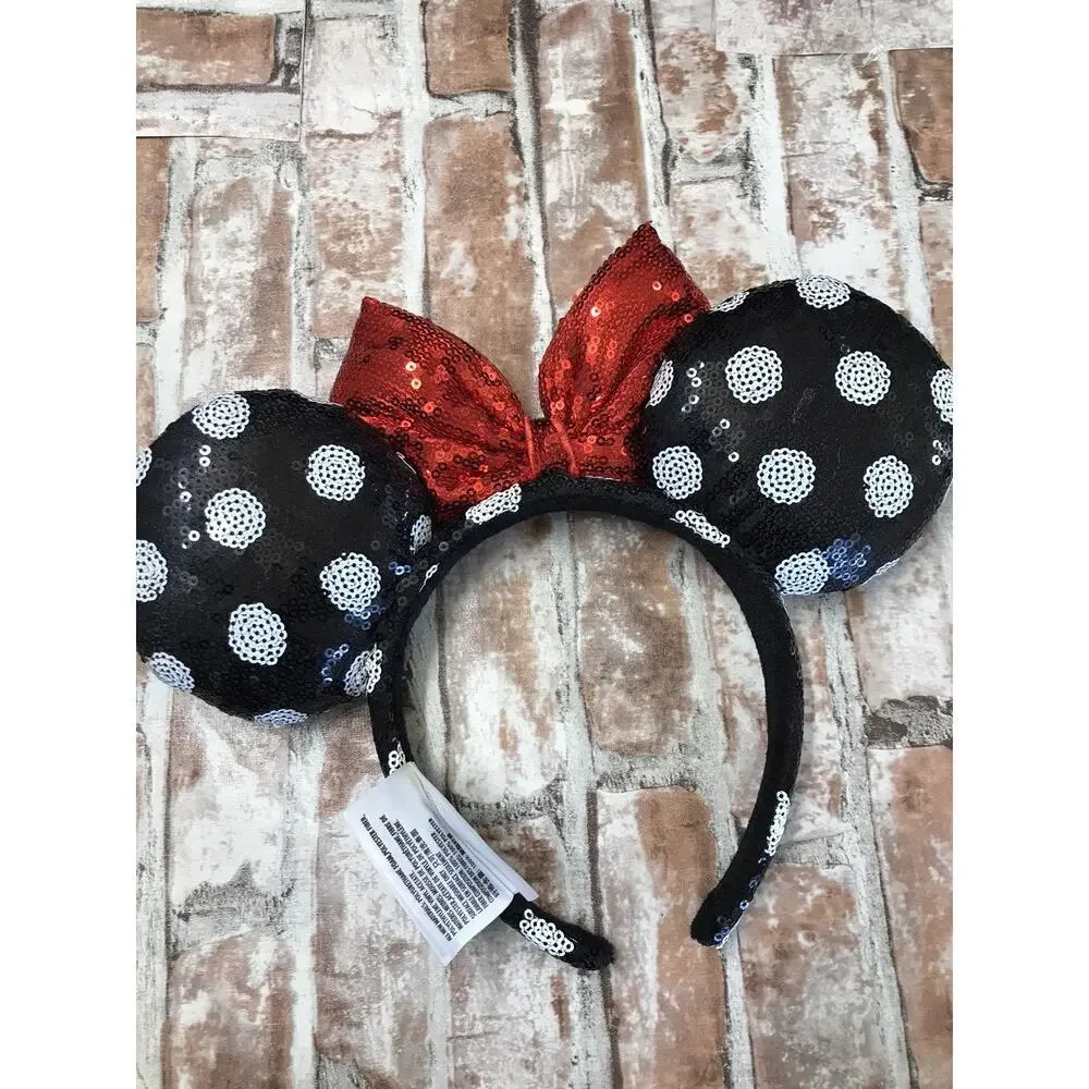 Disney Parks - Classic Minnie Mouse Sequined Headband Black Ears Red Bow.